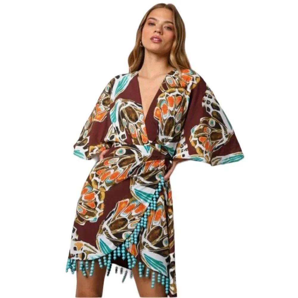 Anthropologie $297 Hutch Camby Brown Beaded Fringe Wrap Tie Dress Size Small NWT